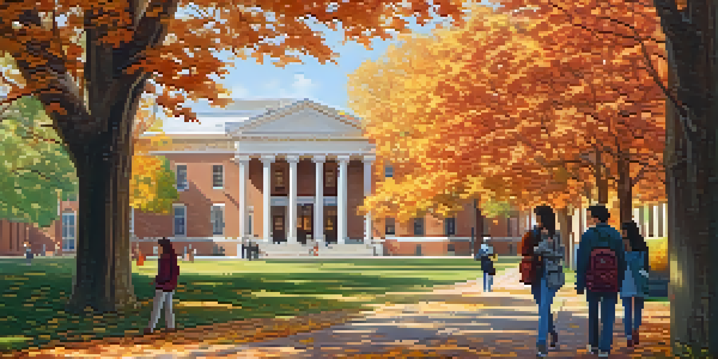 A picturesque university campus in autumn, featuring a historic ivy-covered building and diverse students walking on a path amidst colorful fall leaves.