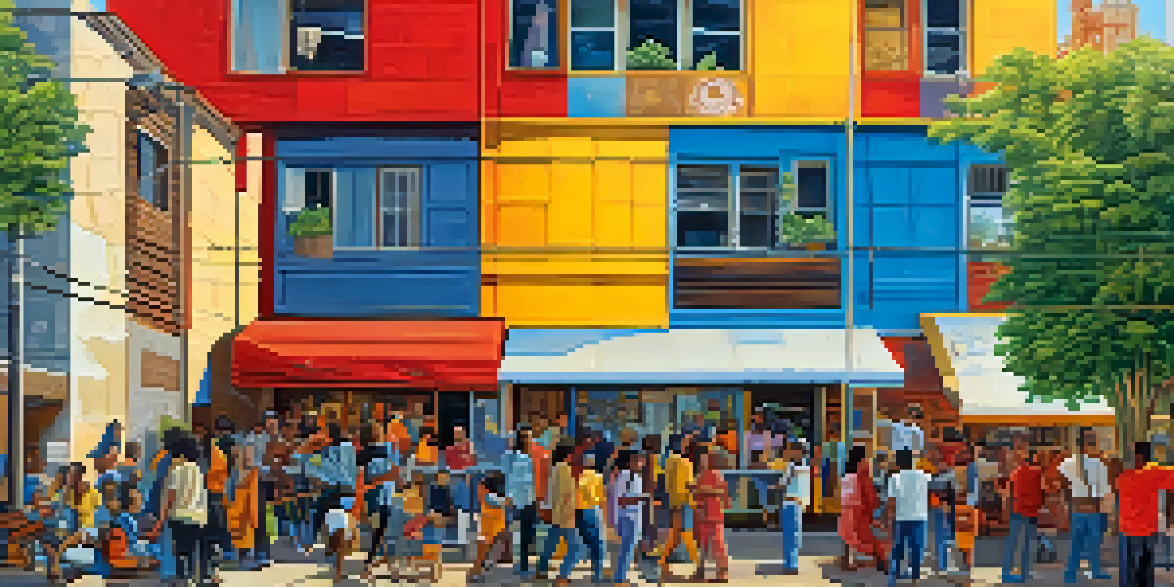 A colorful community mural illustrating various cultural symbols and artists working together in a sunny urban setting.