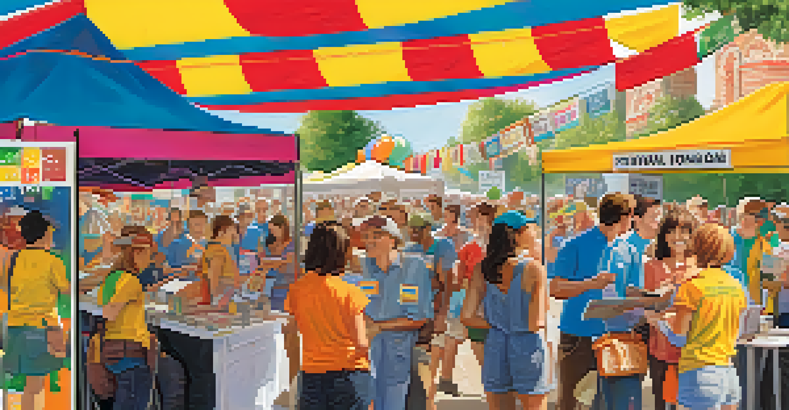 Volunteers at a festival information booth smiling and helping attendees, with maps and colorful decorations around them.