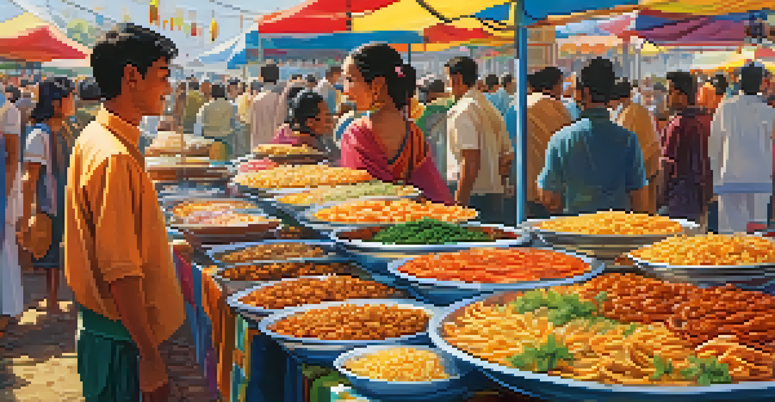 Close-up of food stalls at a festival showcasing diverse dishes and colorful decorations.