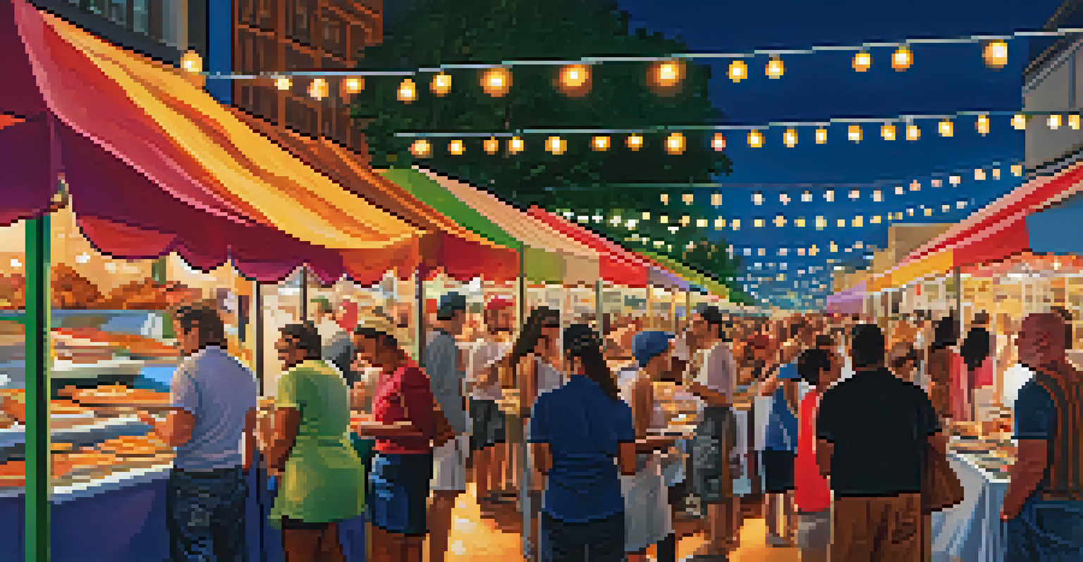 A modern food and arts festival in Austin in the 2010s, showcasing local chefs and artists, with vibrant food stalls and a warm sunset atmosphere.