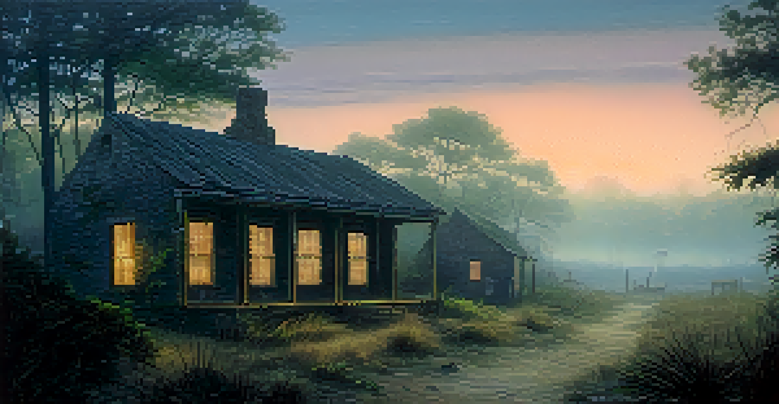 A twilight view of an abandoned settlement with crumbling walls and misty surroundings, creating a mysterious atmosphere.