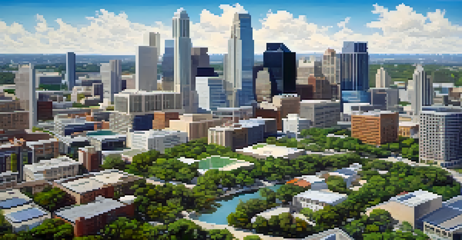 Aerial view of downtown Austin featuring solar panels and green spaces among modern buildings under a blue sky.
