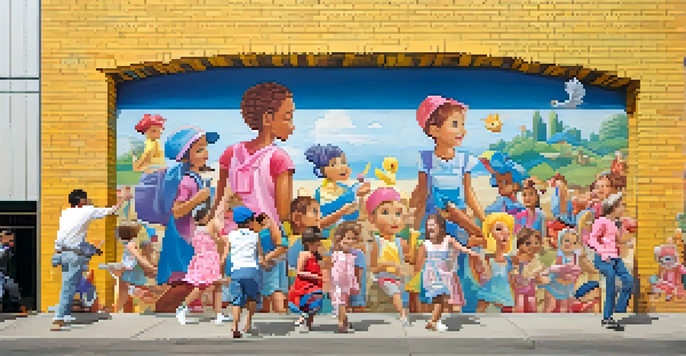 A colorful mural depicting whimsical characters and playful scenes on a brick wall, with bright colors and intricate details.