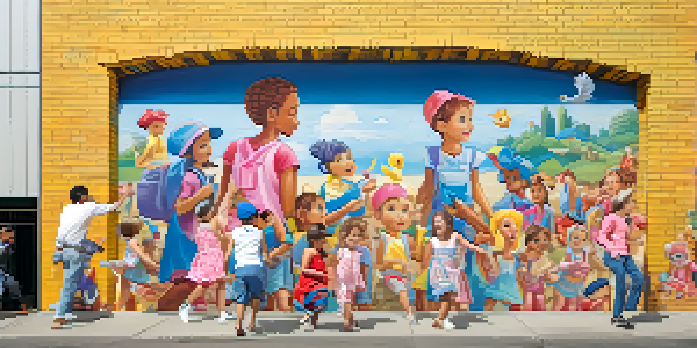 A colorful mural depicting whimsical characters and playful scenes on a brick wall, with bright colors and intricate details.