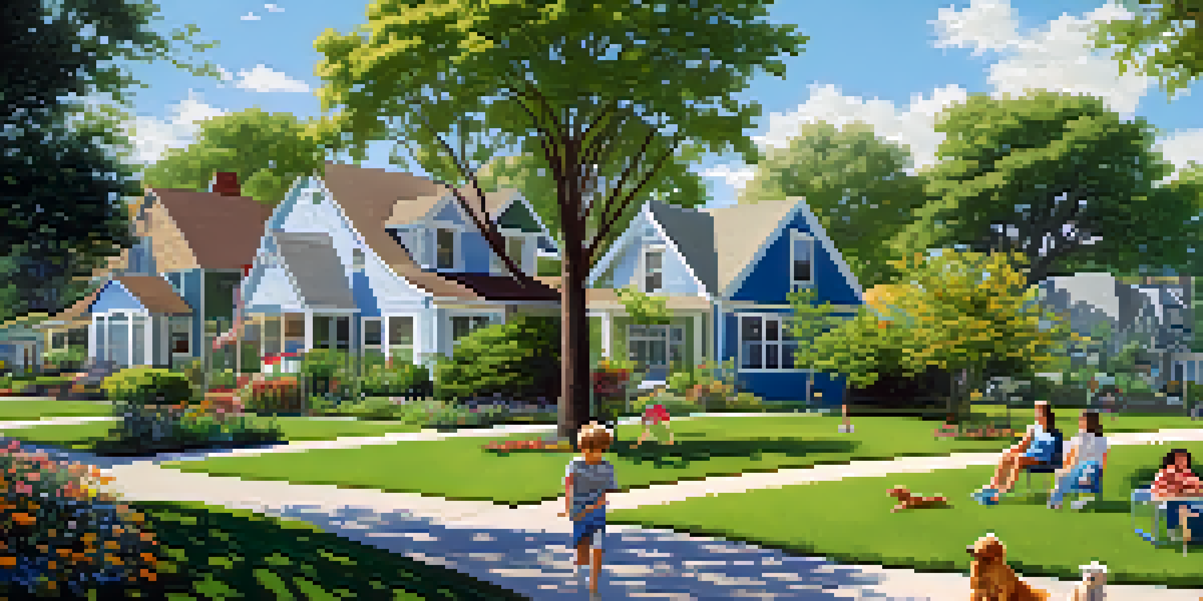 A peaceful suburban neighborhood with spacious homes and families enjoying outdoor activities in a sunny environment.