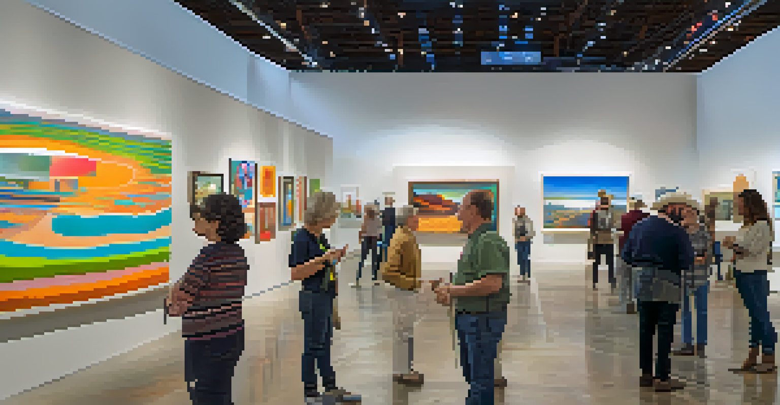 A spacious exhibition hall during the Texas Biennial showcasing diverse artworks, with artists interacting with attendees and workshops in progress.