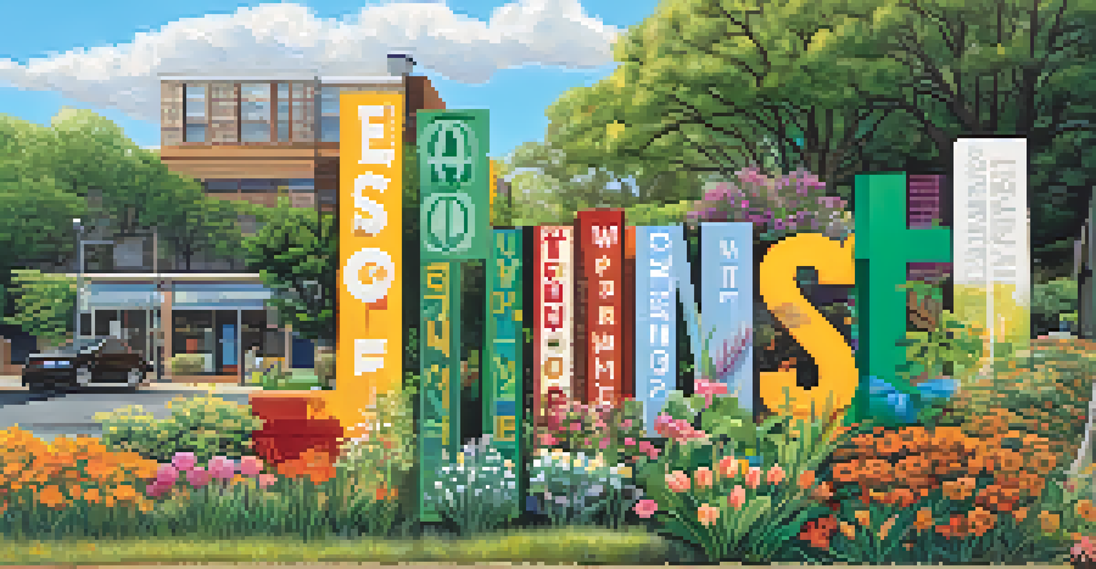 Close-up of a community land trust sign in a diverse Austin neighborhood, with blooming flowers and gardens around it.