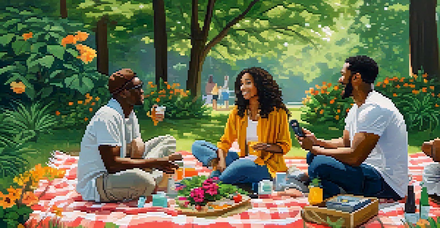 A diverse group of people sitting on a picnic blanket in Austin, Texas, listening to a podcast in a lush green park.