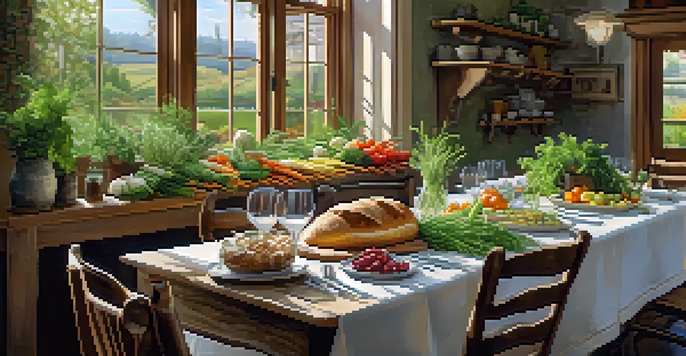 A rustic wooden table filled with fresh vegetables and herbs, illuminated by natural light with a garden view in the background.