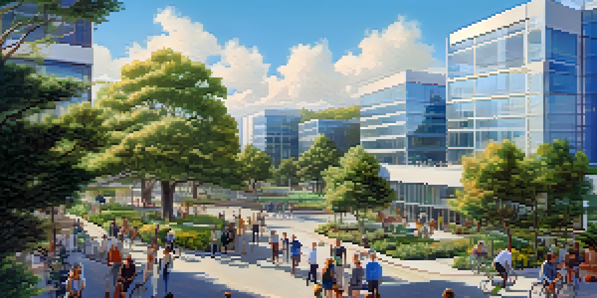 A lively tech district with modern buildings and greenery, showcasing people biking and enjoying the outdoors under a bright blue sky.