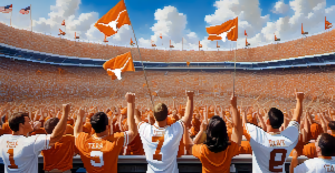 A lively Texas Longhorns football game day with fans in orange and white jerseys cheering in a packed stadium.