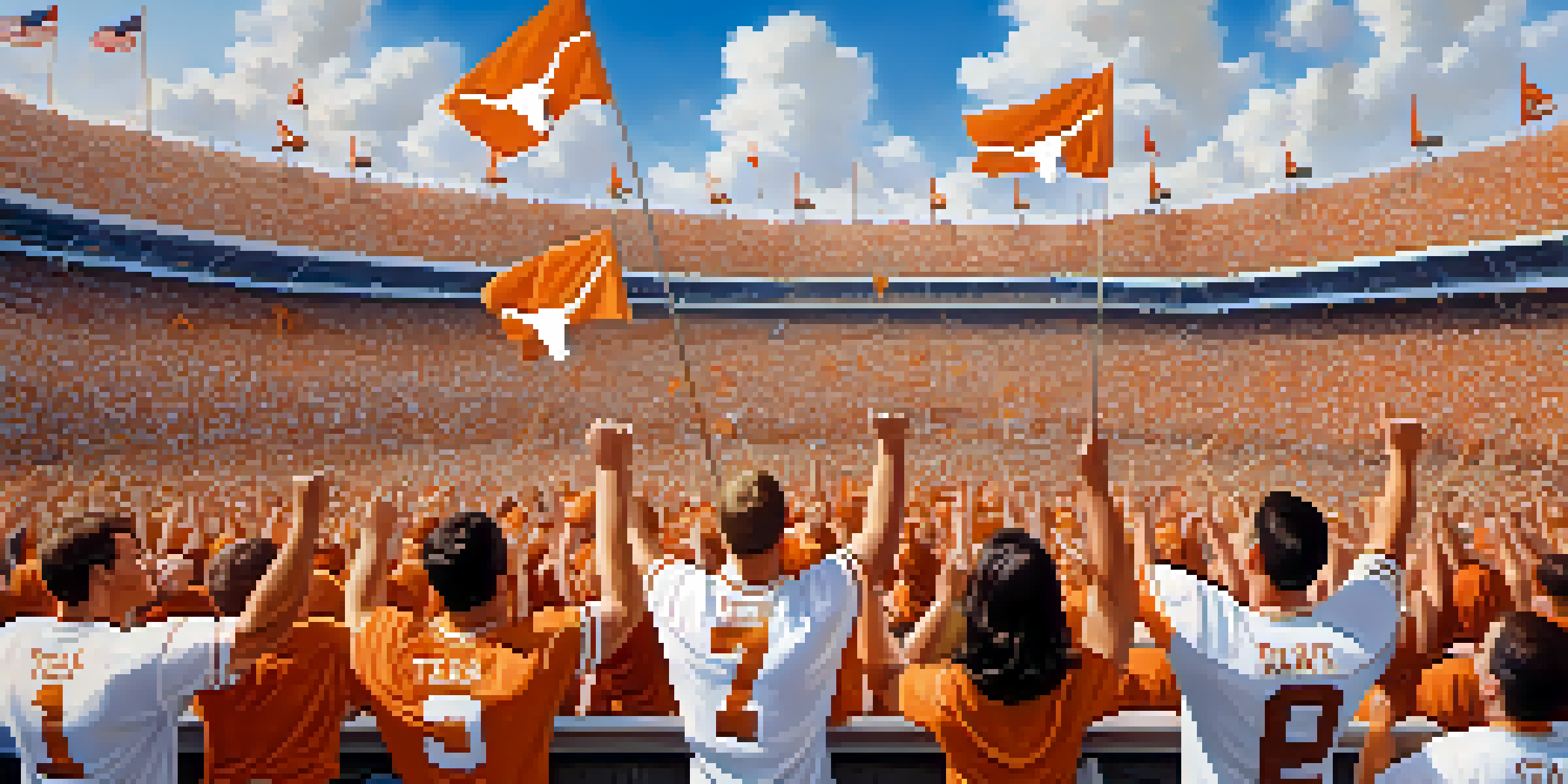 A lively Texas Longhorns football game day with fans in orange and white jerseys cheering in a packed stadium.