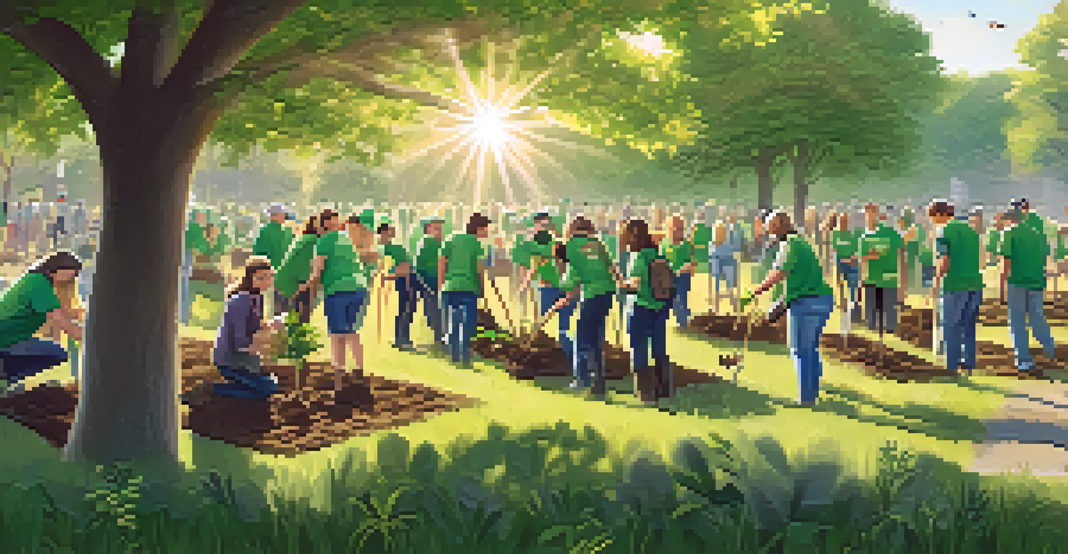Volunteers participating in a tree planting event in an Austin park, working together to plant saplings under a warm sunlight, showcasing community engagement.