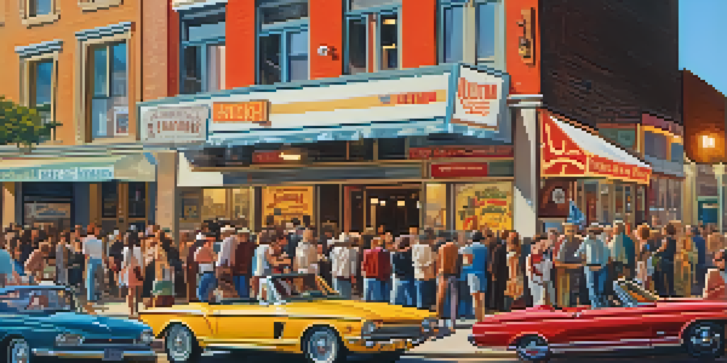 A bustling street in Austin in the 1960s, featuring a music venue and diverse crowd enjoying live music, illuminated by warm golden light.