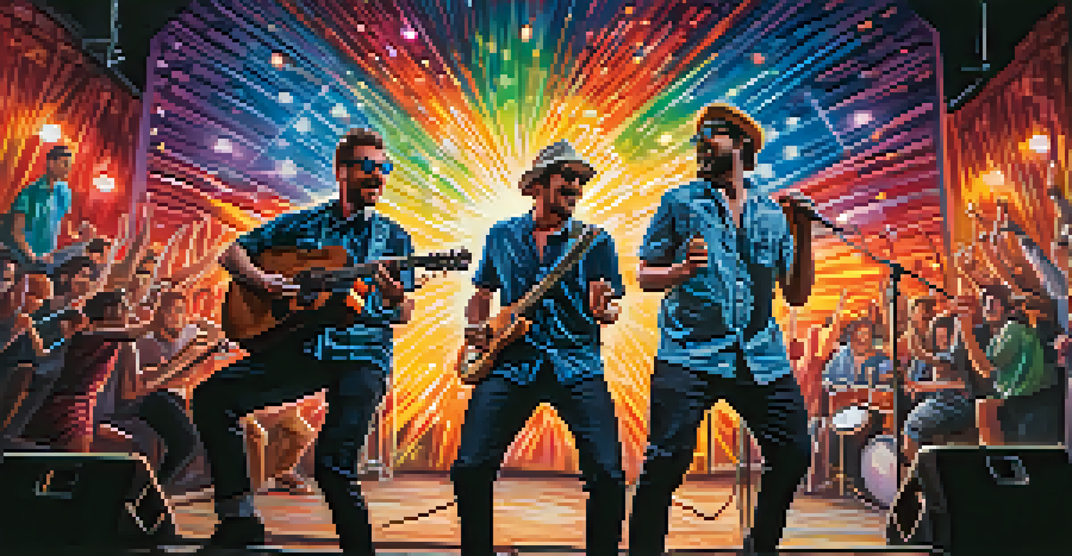 A dynamic musical duo performing on stage with vibrant lights and a colorful mural backdrop in a lively Austin venue.