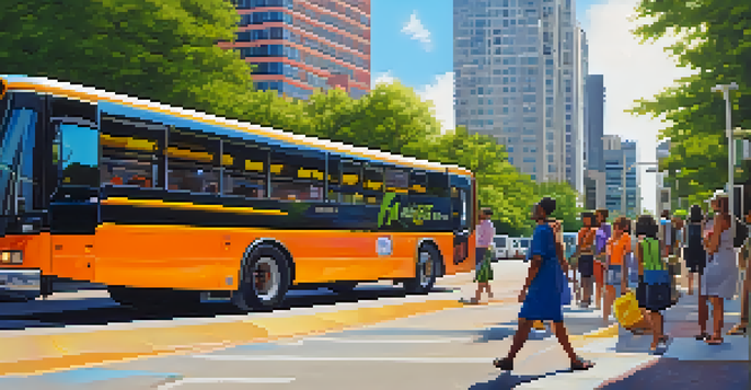 A colorful Capital Metro bus at a downtown stop in Austin, with diverse people waiting to board and modern buildings in the background.