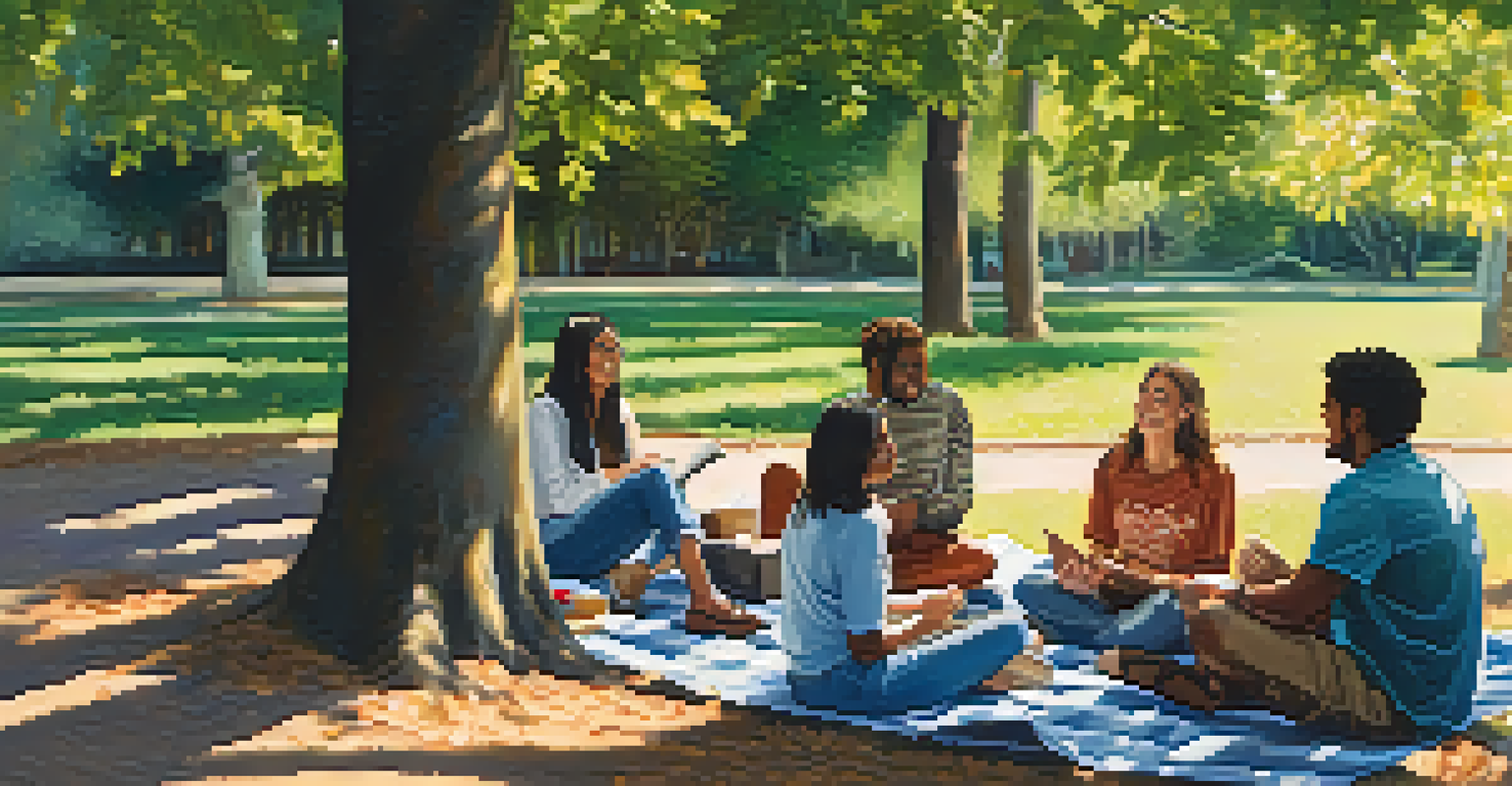 A group of people sitting on picnic blankets in a park, engaged in a discussion, surrounded by trees and sunlight, depicting a supportive therapy environment.