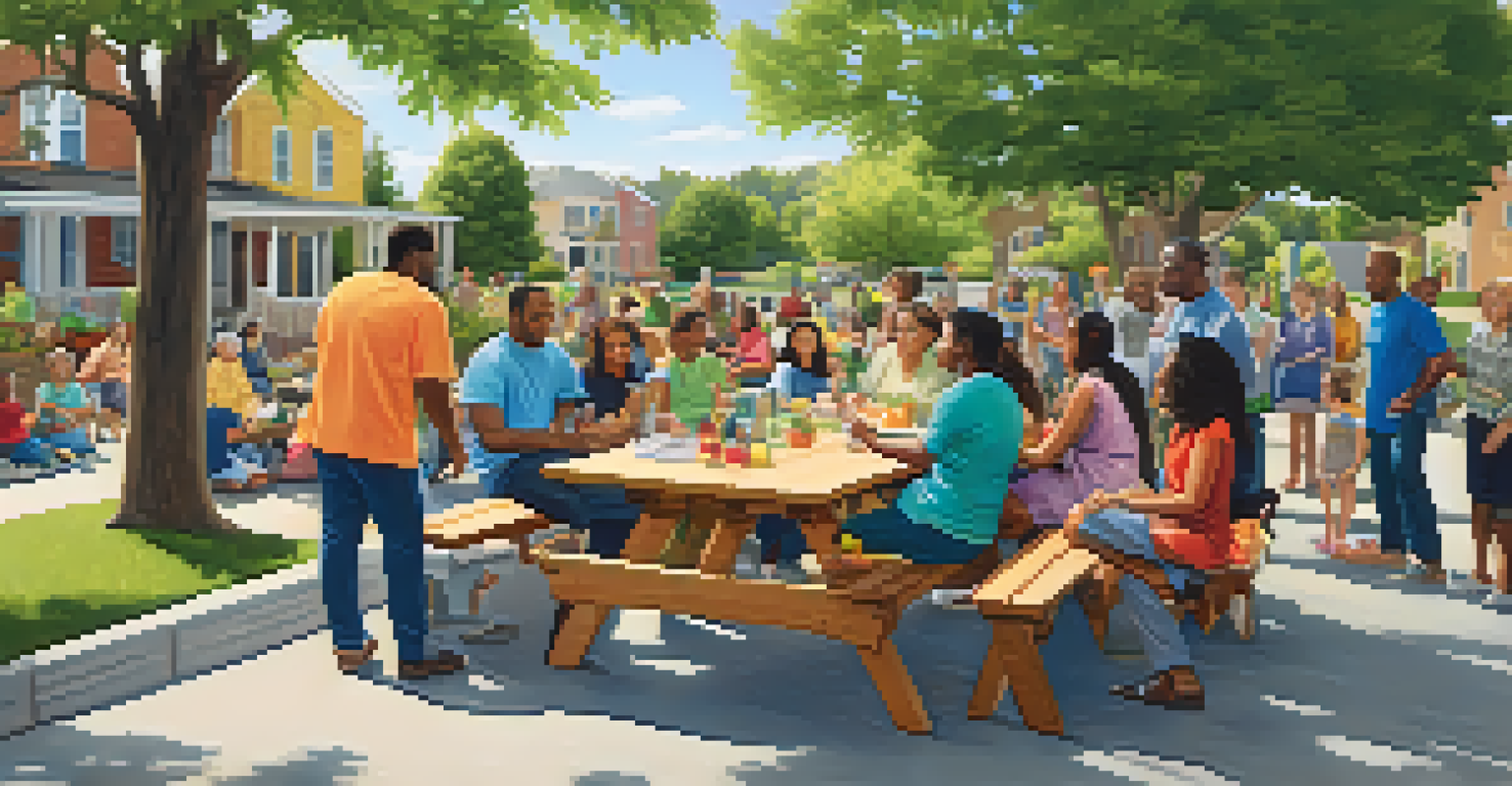 Residents gathered outdoors for a neighborhood meeting to discuss community safety, with greenery and a picnic table in the background.