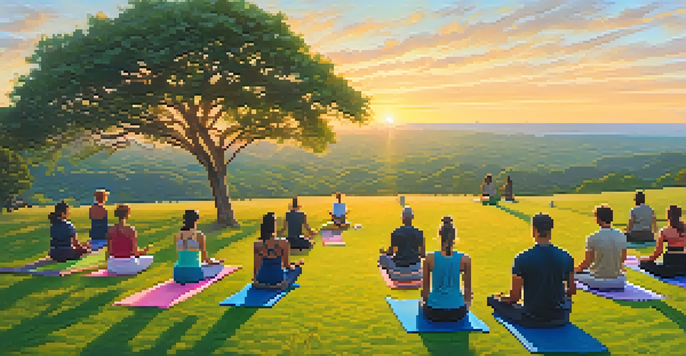 A group of people practicing yoga on a green hillside at sunrise, surrounded by nature in Austin, Texas.