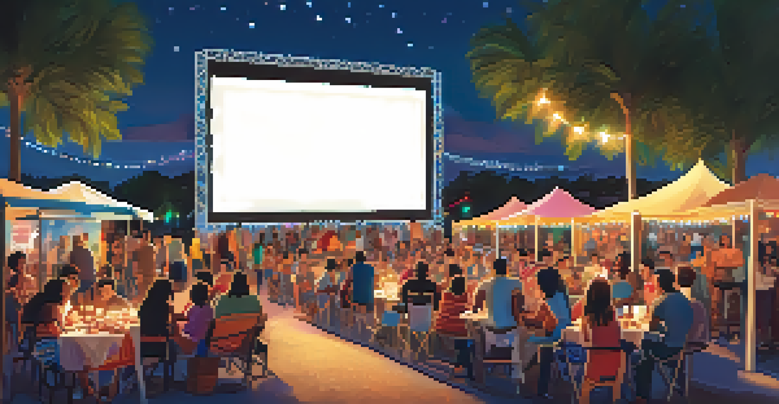 An outdoor film screening at the Cine Las Americas festival with a diverse audience enjoying a Latinx film under fairy lights.