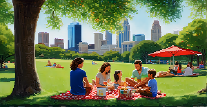 A family enjoying a picnic on the grass with the Austin skyline in the background, children playing frisbee nearby.