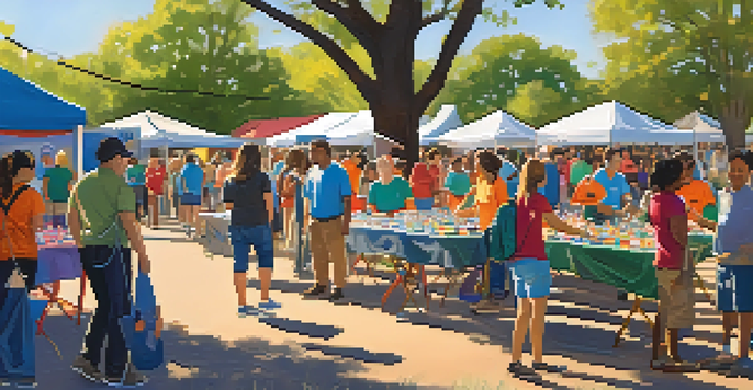A lively scene at an Austin nonprofit event, with volunteers of different ages and backgrounds participating in community activities under a sunny sky.