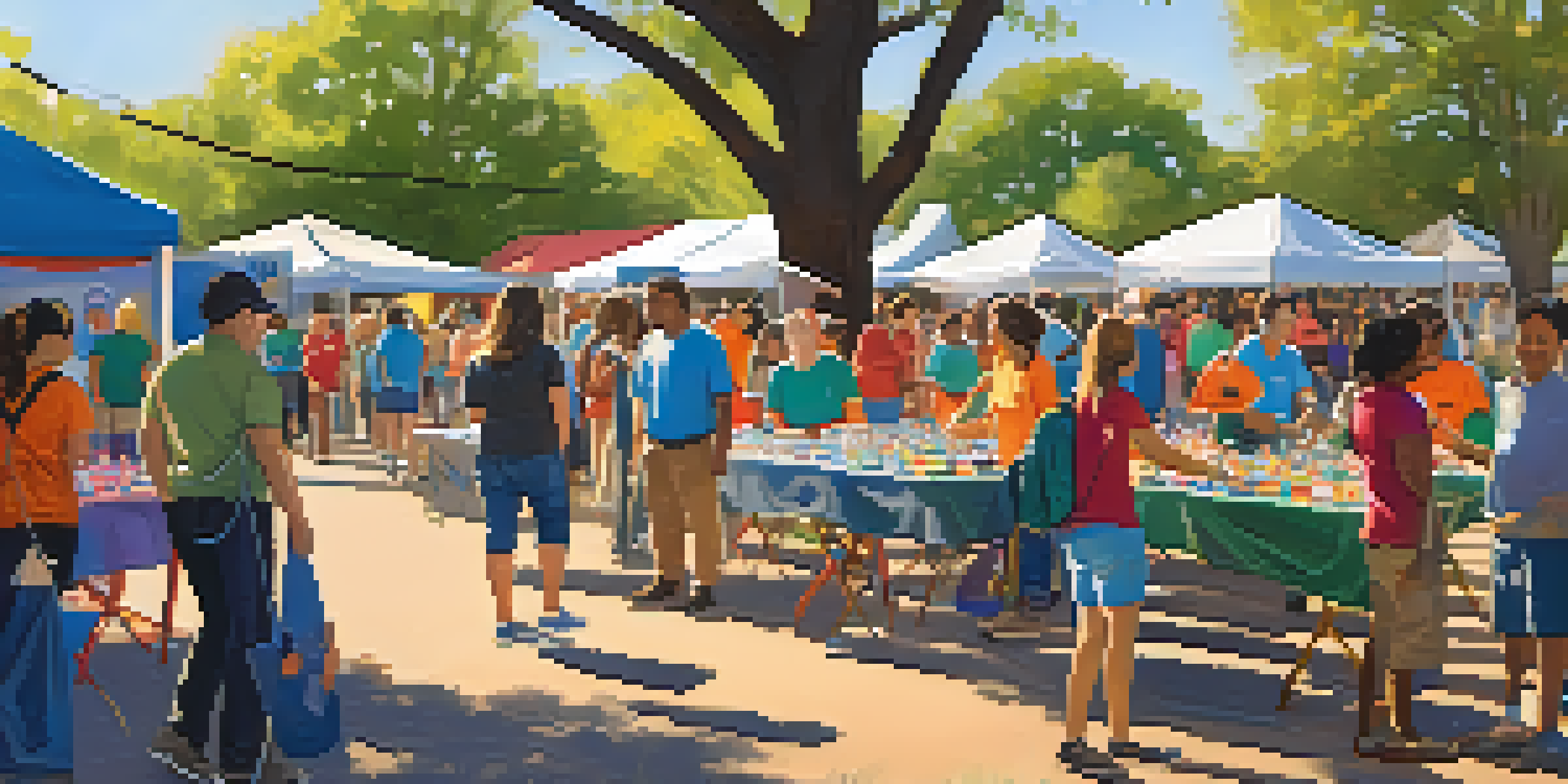 A lively scene at an Austin nonprofit event, with volunteers of different ages and backgrounds participating in community activities under a sunny sky.