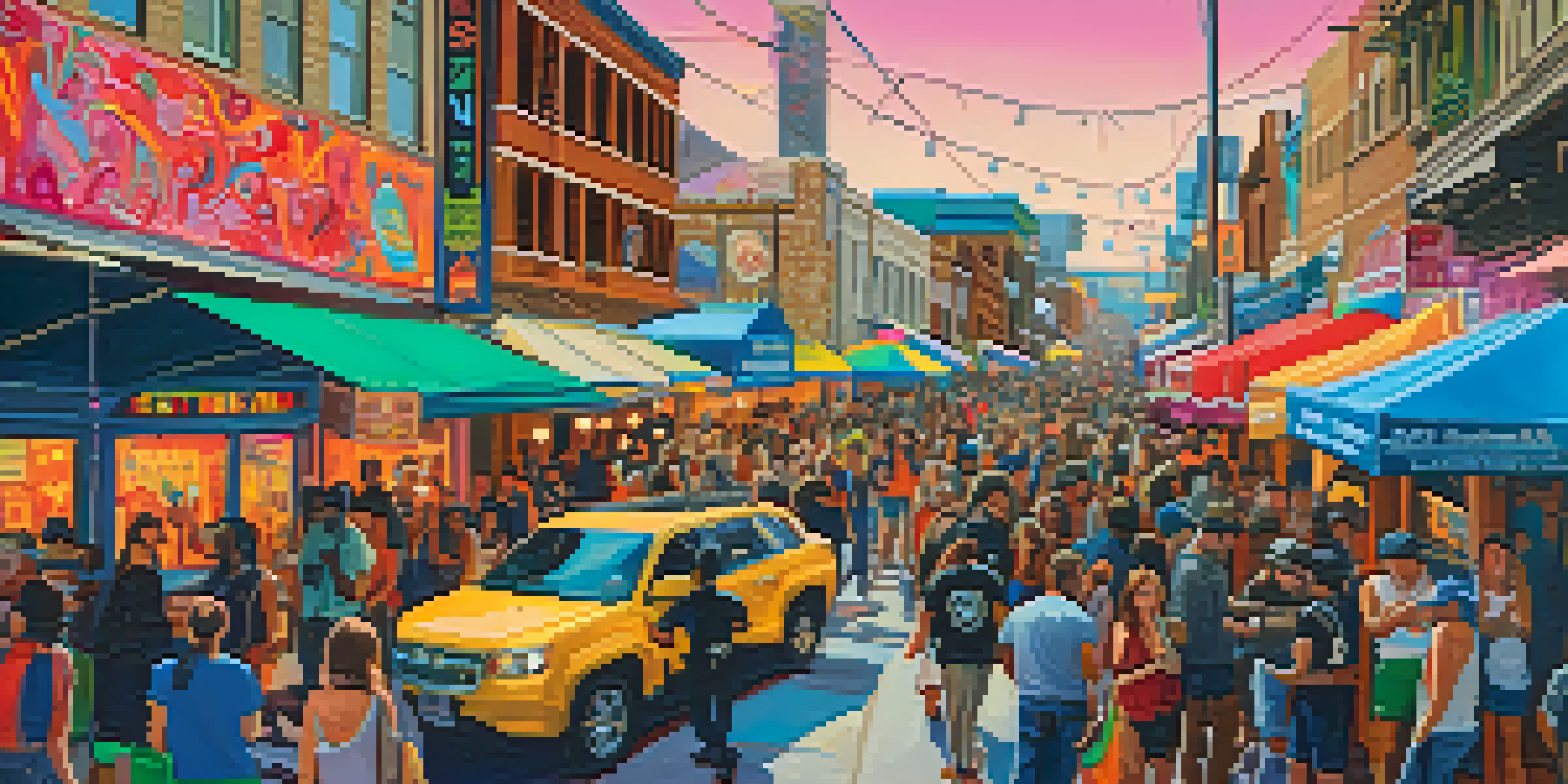 A bustling street scene during the SXSW festival in Austin, featuring music lovers, colorful banners, and lively performers.
