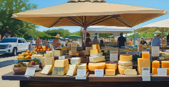 A lively market stall displaying an assortment of artisan cheeses surrounded by fresh fruits and herbs, with sunlight streaming down.