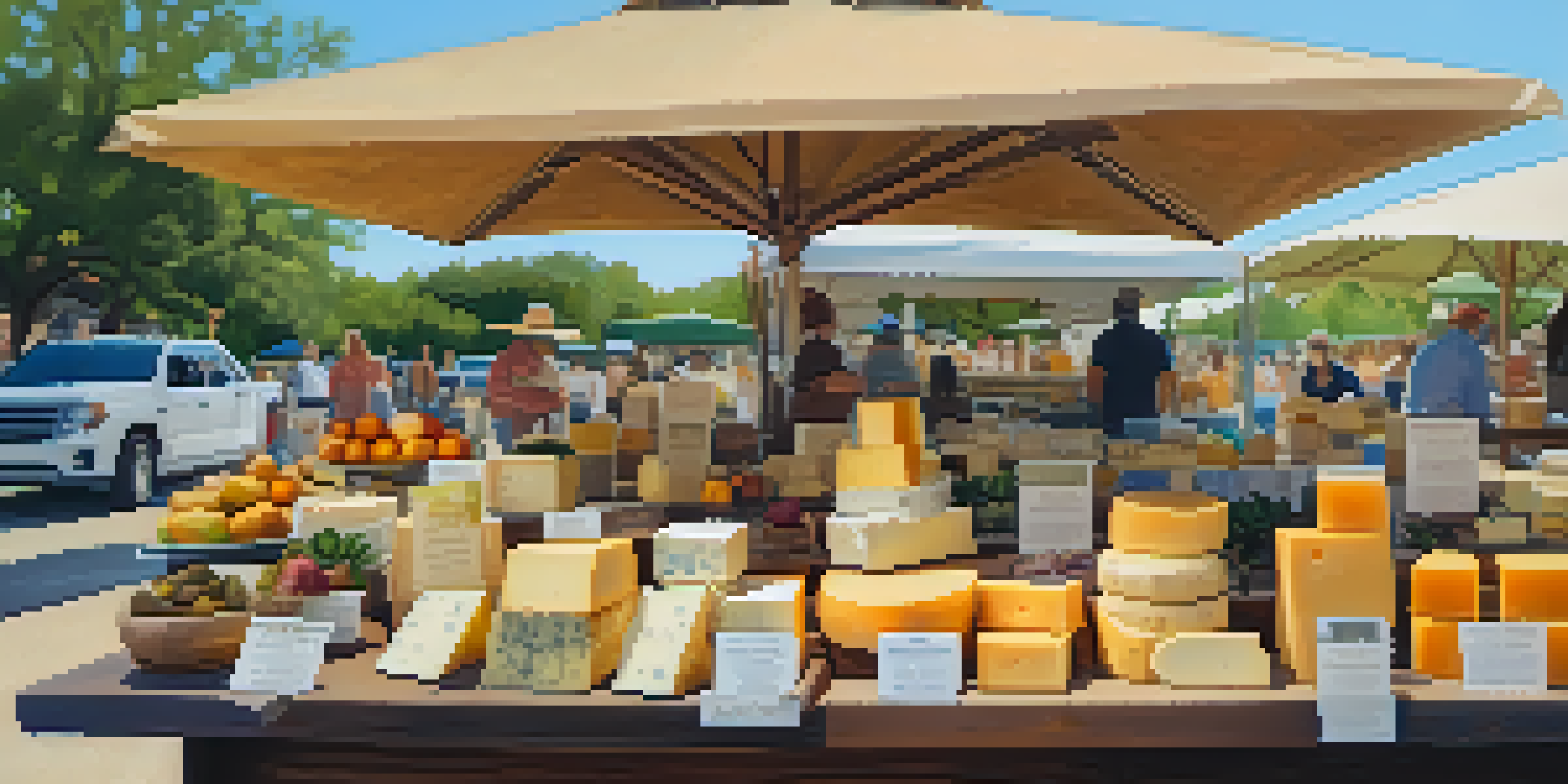A lively market stall displaying an assortment of artisan cheeses surrounded by fresh fruits and herbs, with sunlight streaming down.