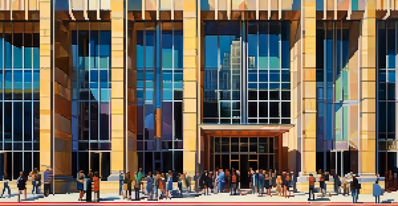 A bright sunny day at the Austin City Hall, showing its unique angular design with colorful patterns and people gathered outside.