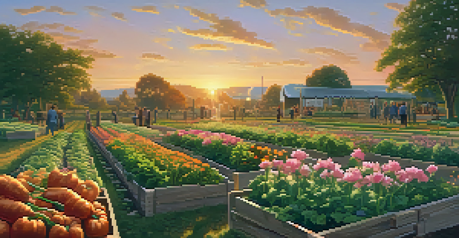 A serene community garden at sunset, with rows of vegetables and flowers illuminated by golden light.