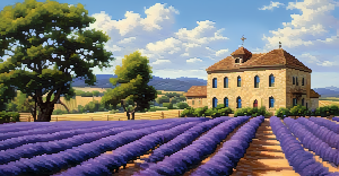 A scenic view of Becker Vineyards with blooming lavender fields and a rustic winery in the background.