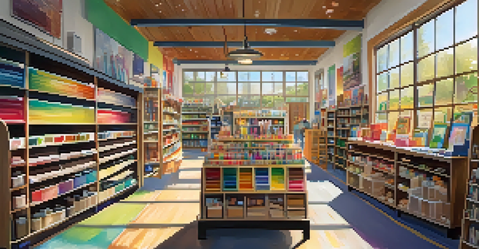 A bright and colorful art supply store with children exploring various art materials and sunlight streaming in through the windows.
