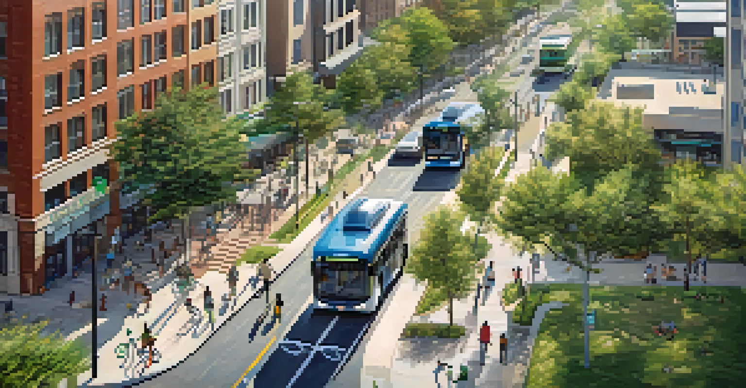 An aerial view of Austin showing transportation options including buses, bicycles, and pedestrian paths in a vibrant urban setting.