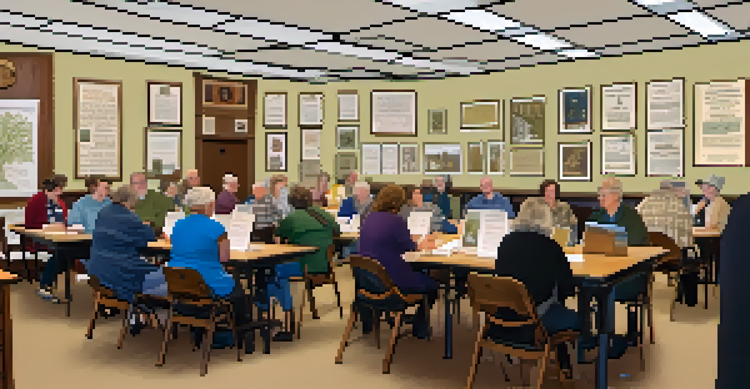 A genealogical workshop at the Austin Genealogical Society with attendees researching family trees and historical records, led by a speaker.