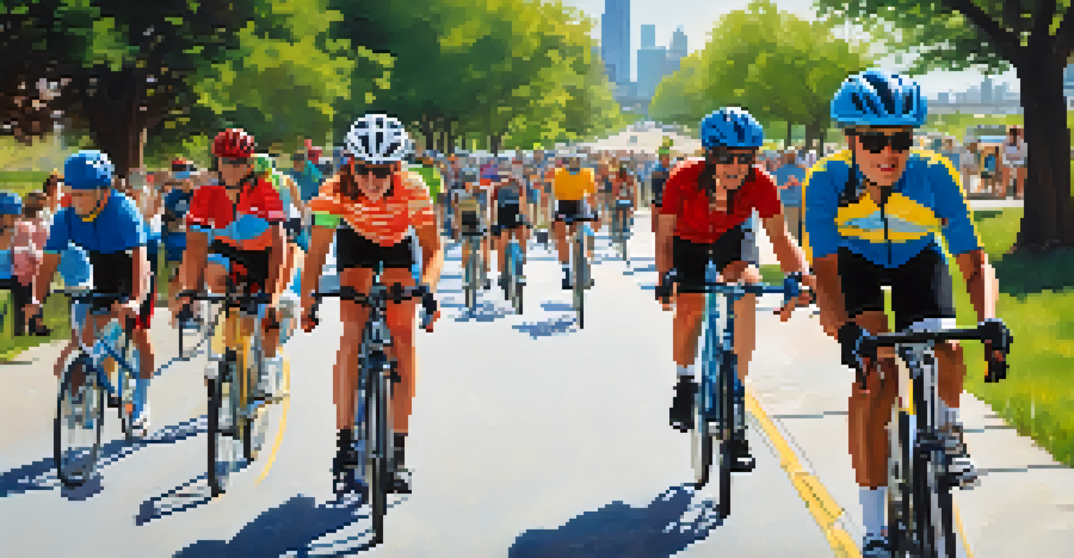 A diverse group of cyclists participating in a community bike ride in Austin on a sunny day, with a city skyline in the background.