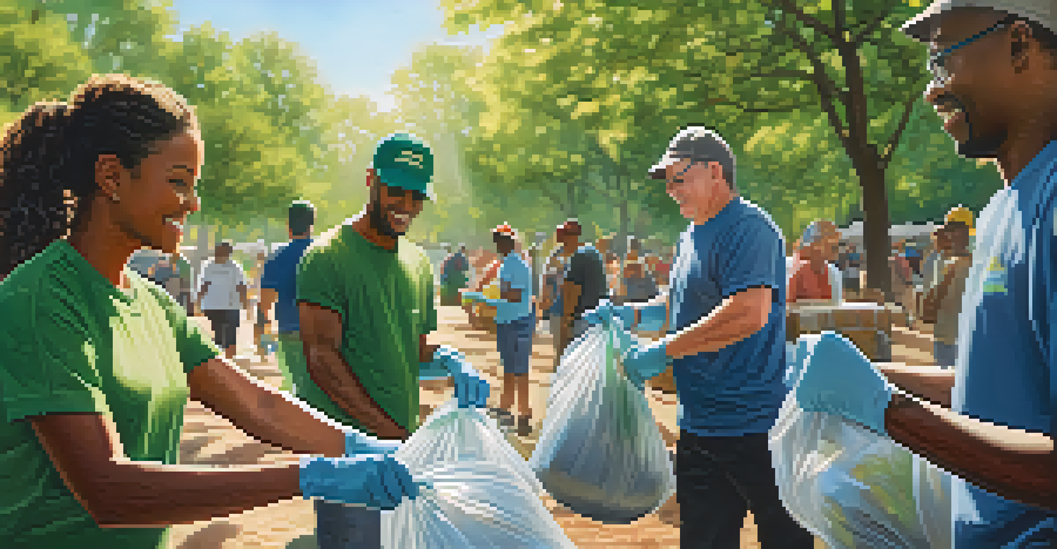 Hands of diverse individuals participating in a community cleanup event in a park, highlighting teamwork and volunteerism.