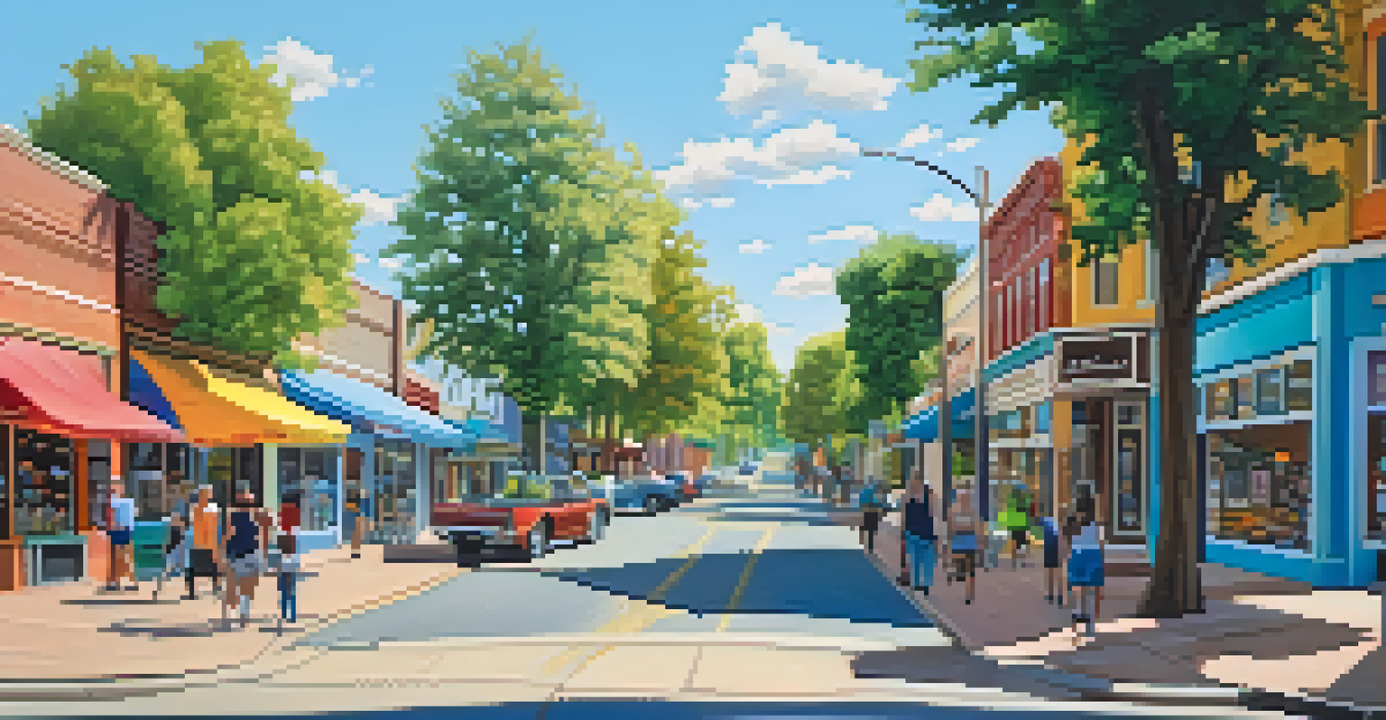 A charming street with local shops, pedestrians, and cyclists enjoying a sunny day, surrounded by trees and greenery.