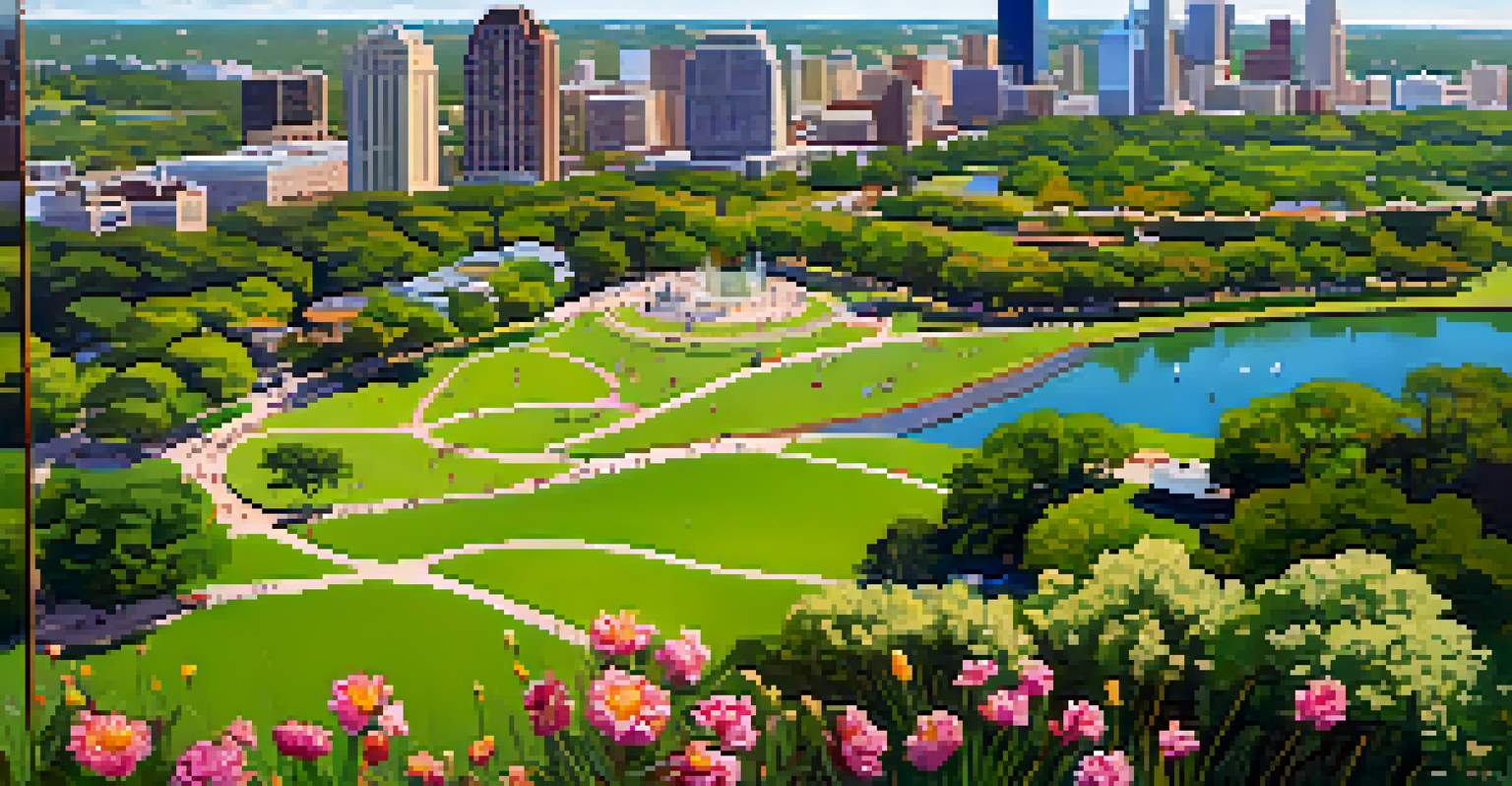Aerial view of Zilker Park with families enjoying outdoor activities, surrounded by vibrant greenery and the Austin skyline in the background.