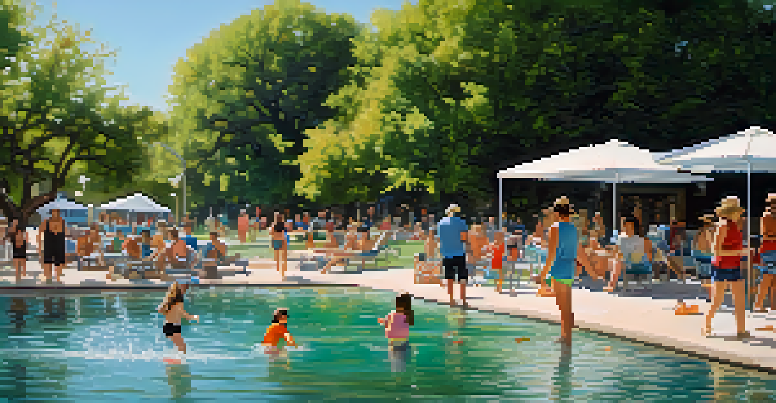 Families having fun at Barton Springs Pool, with children swimming and people relaxing on the grass under the trees.