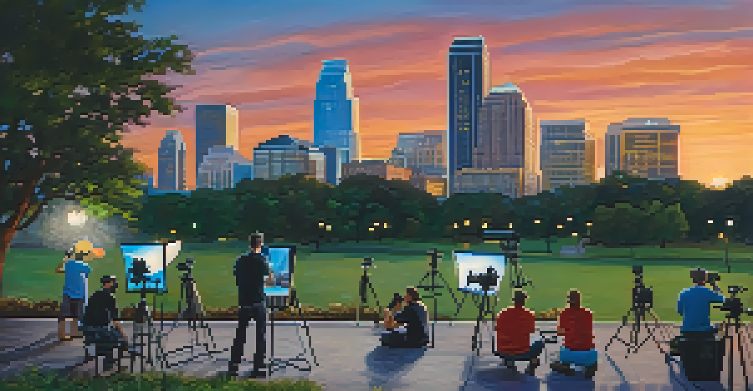 A film crew setting up in a park with the Austin skyline illuminated at dusk in the background.