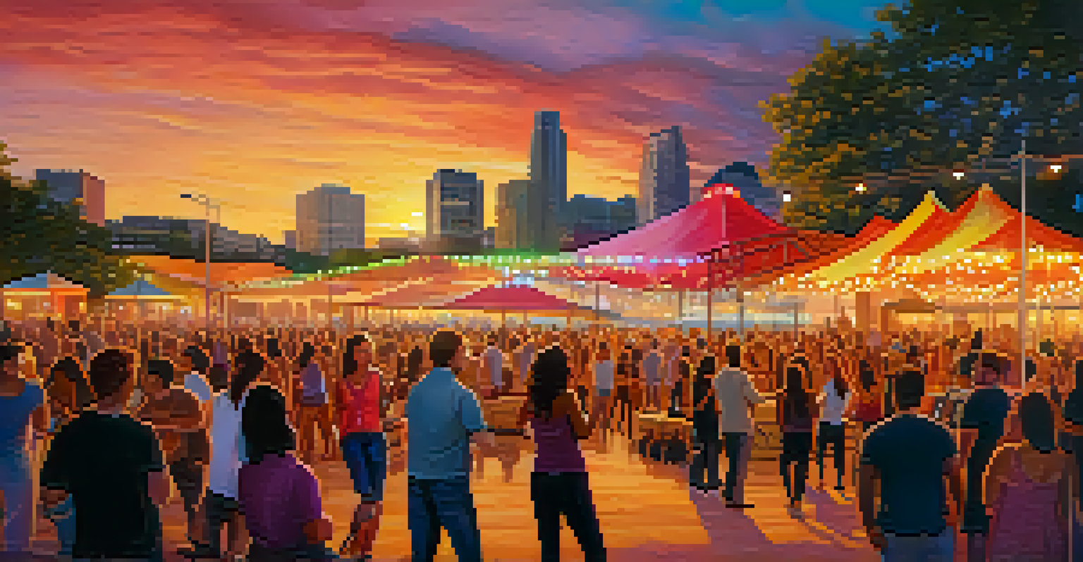 A lively outdoor concert in Downtown Austin at sunset, with a crowd enjoying music and colorful stage lights.