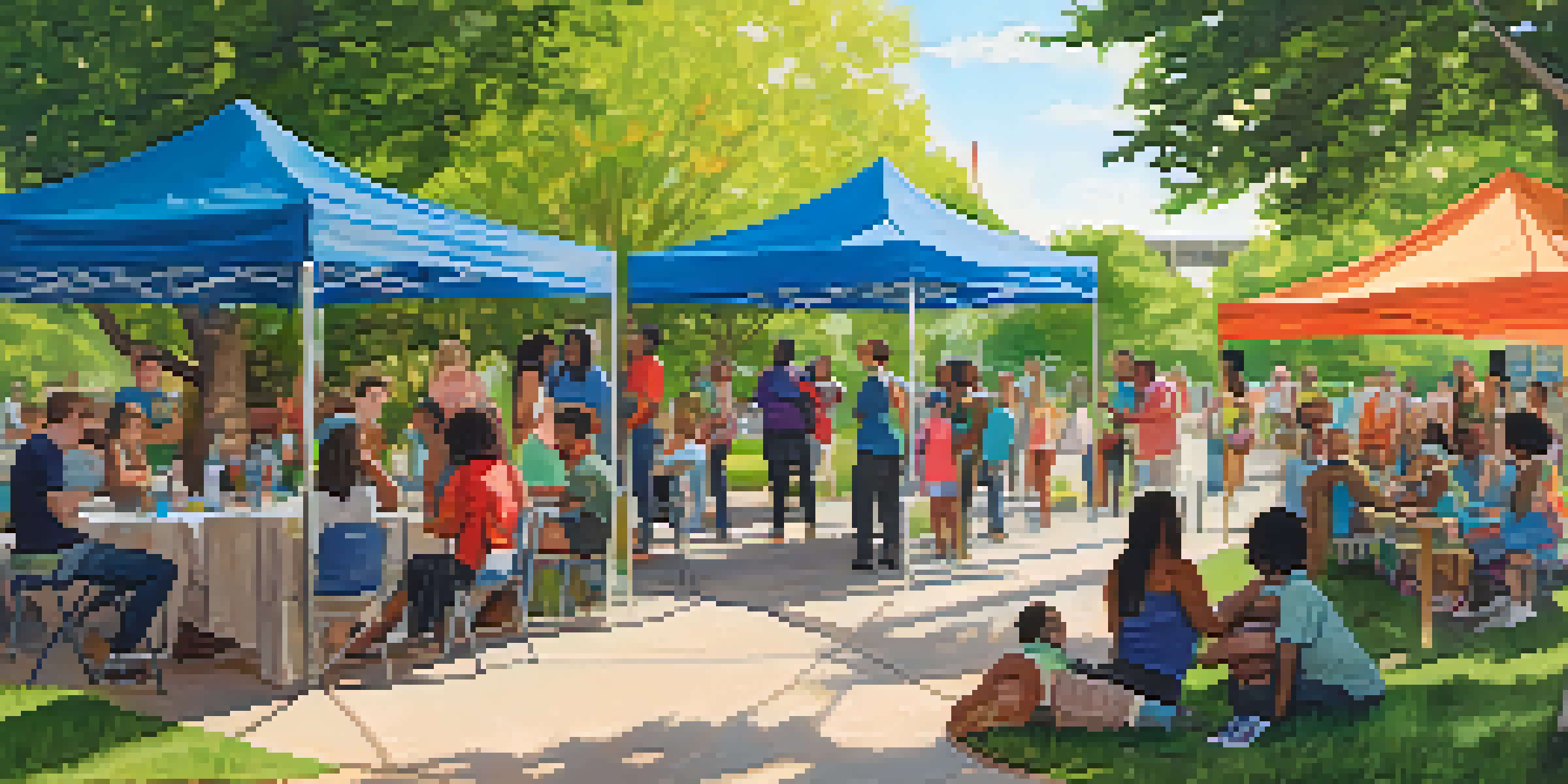 A community mental health awareness event in Austin with diverse individuals sharing conversations under vibrant trees.