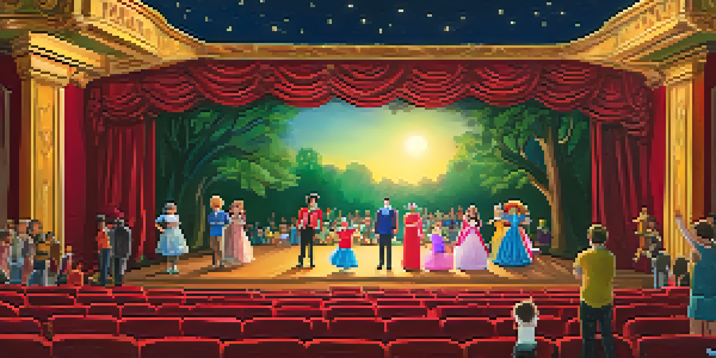 A lively family theater scene with children and parents watching a colorful performance on stage, surrounded by a richly decorated theater interior.