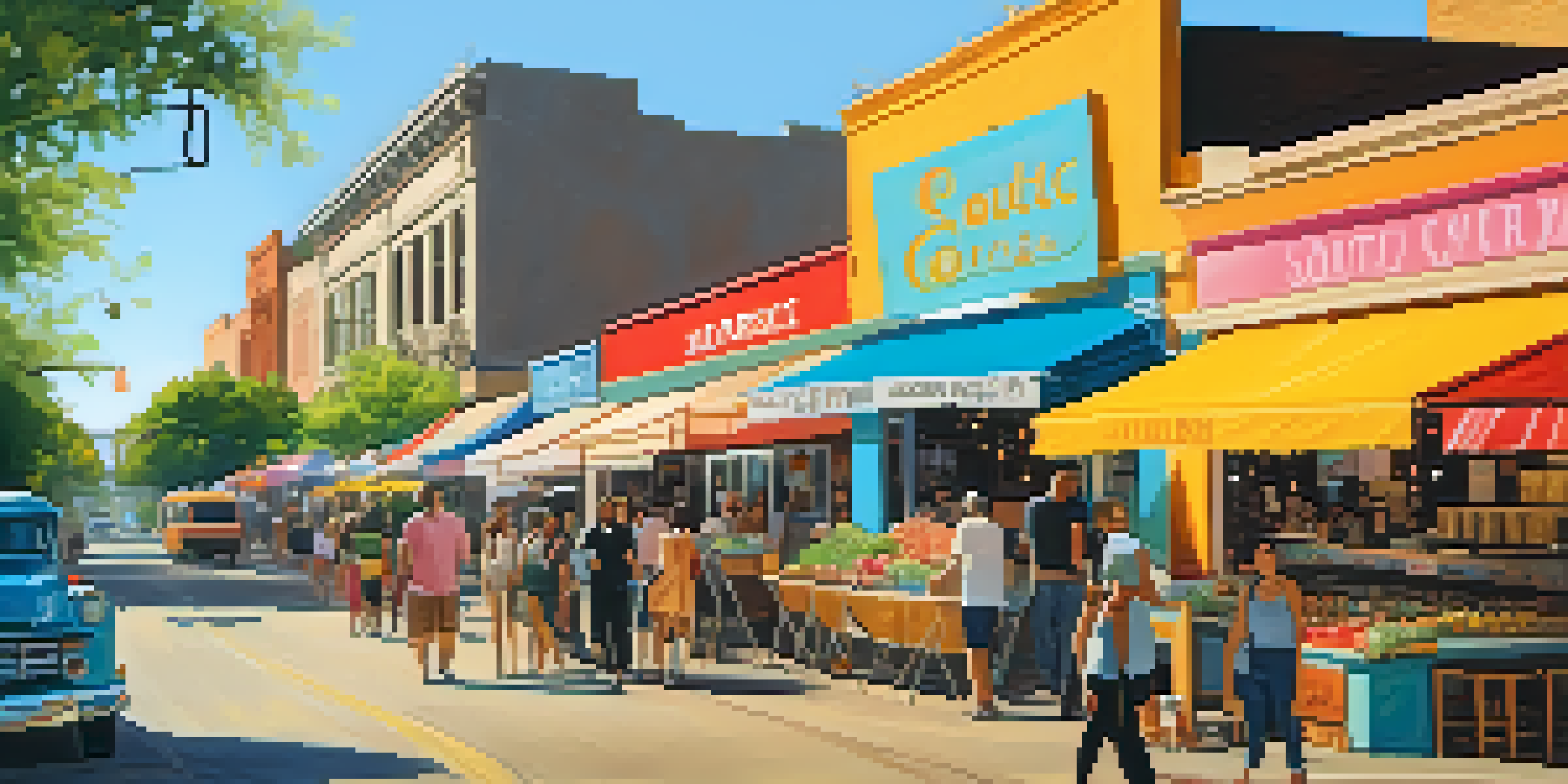 A lively market scene at South Congress with colorful boutiques and food trucks, filled with people enjoying the atmosphere.