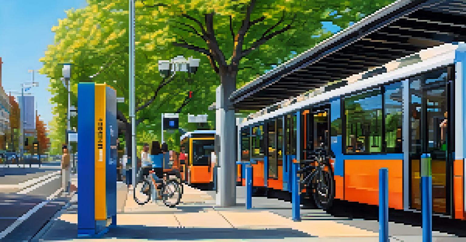 A close-up of a bus stop with real-time arrival information, a bike rack, and commuters in a vibrant Austin environment.