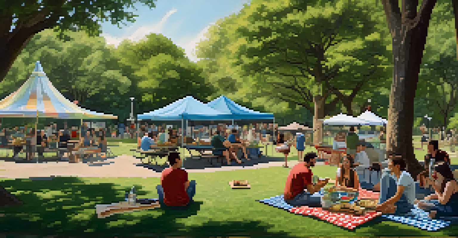 A cozy picnic scene in Zilker Park with a checkered blanket and delicious food options, surrounded by trees and people enjoying their time outdoors.