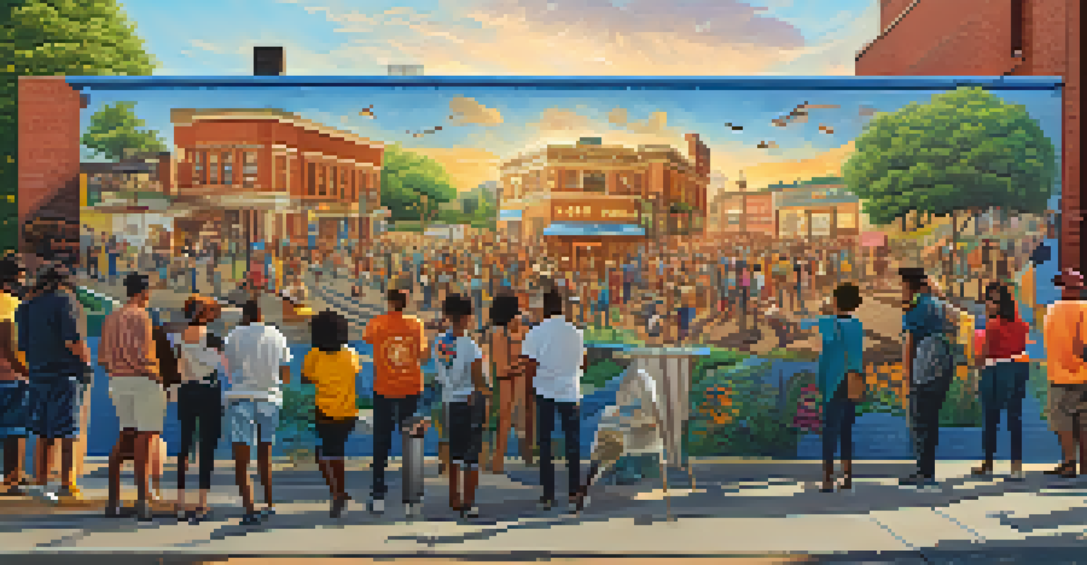 A diverse group of artists painting a vibrant community mural in an urban area, with locals observing and participating in the process.